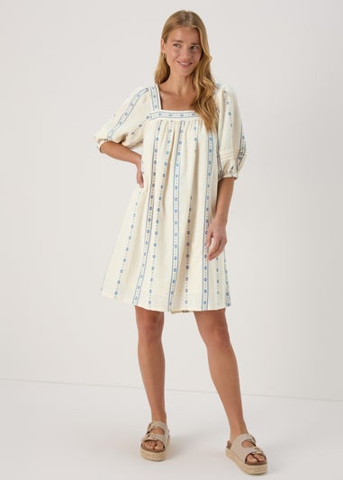 Cream Puff Sleeve Embroidered Mini Dress