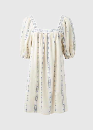 Cream Puff Sleeve Embroidered Mini Dress