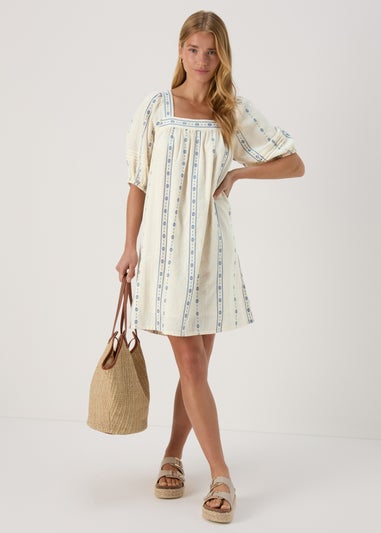 Cream Puff Sleeve Embroidered Mini Dress