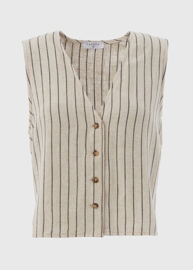 Beige Stripe Linen Button Vest