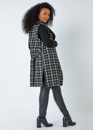 Roman Petite Black Sleeveless Belted Check Coat