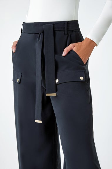 Roman Black Wide Leg Belted Stretch Trousers