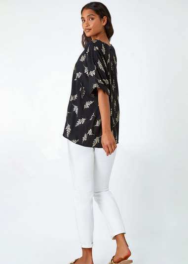 Roman Black Metallic Floral Print Oversized T-Shirt