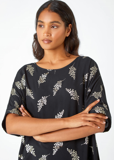 Roman Black Metallic Floral Print Oversized T-Shirt