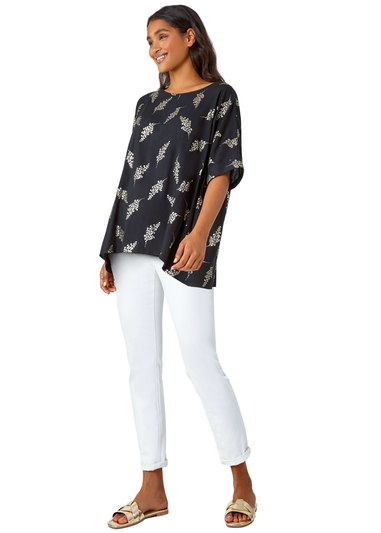 Roman Black Metallic Floral Print Oversized T-Shirt