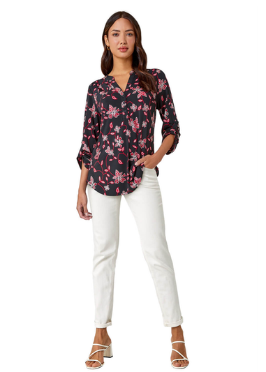 Roman Red Textured Floral V-Neck Stretch Jersey Shirt