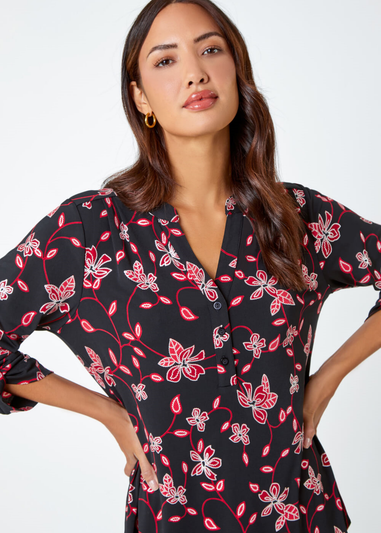 Roman Red Textured Floral V-Neck Stretch Jersey Shirt