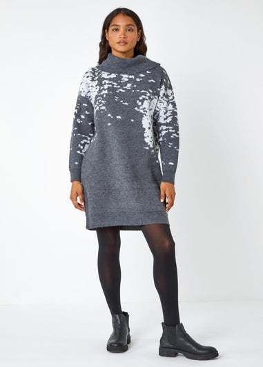 Roman Dark Grey Abstract Print Cowl Neck Jumper Dress