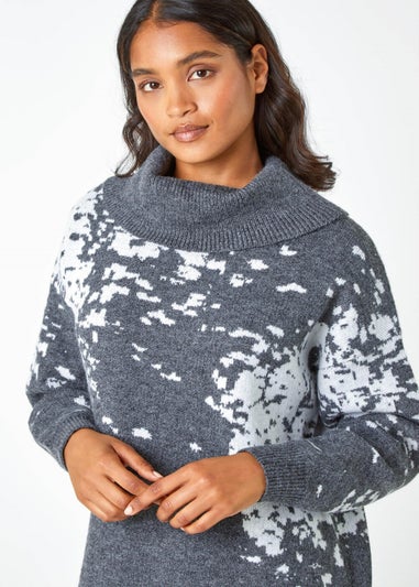 Roman Dark Grey Abstract Print Cowl Neck Jumper Dress