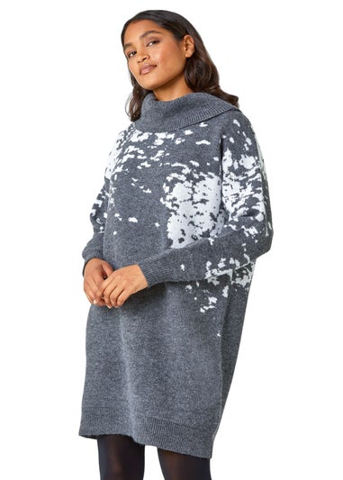 Roman Dark Grey Abstract Print Cowl Neck Jumper Dress