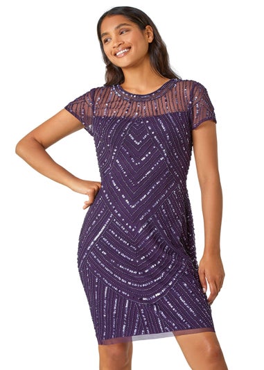 Roman Purple Sequin Embellished Sheer Shift Dress