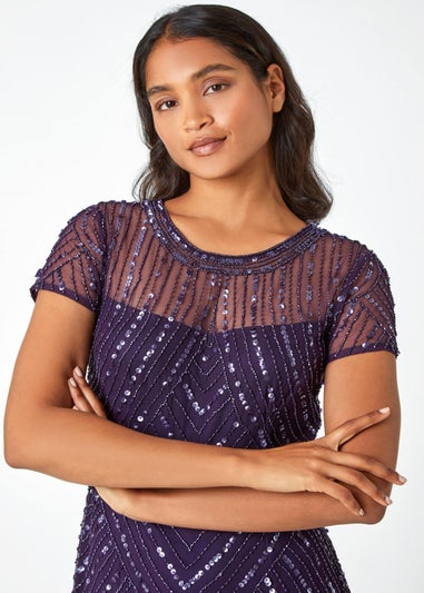 Roman Purple Sequin Embellished Sheer Shift Dress