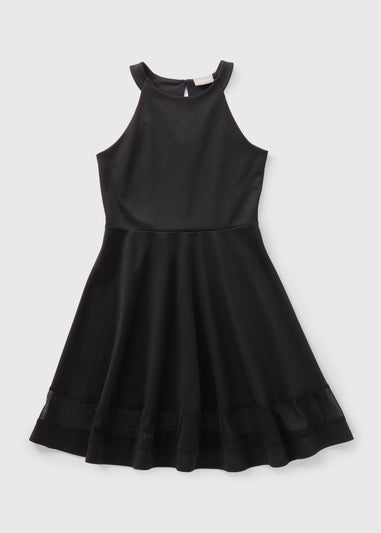 Girls Black Scuba Mesh Detail Dress (7-13yrs)