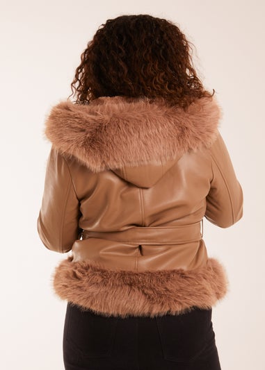Blue Vanilla Brown Faux Fur Cropped Leather Look Jacket