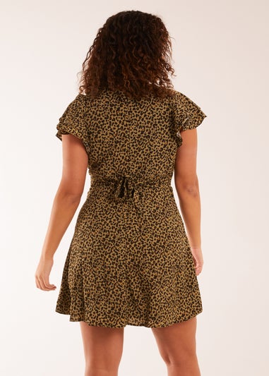 Blue Vanilla Khaki Leopard Print Wrap Ruffle Mini Dress