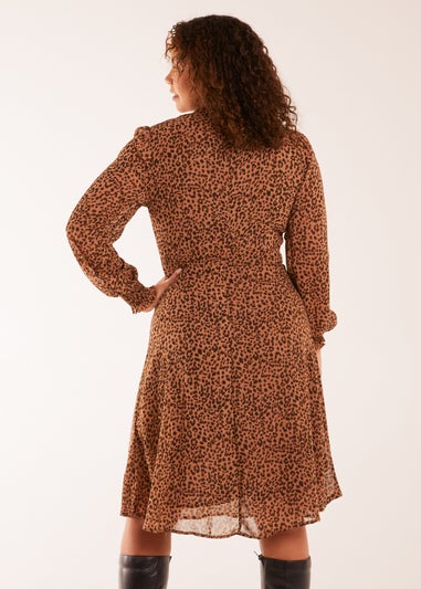 Blue Vanilla Tan Long Sleeve Shirring Cuff Swing Dress