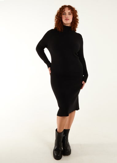 Blue Vanilla Black Curve Ribbed Roll Neck Midi Dress