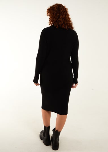 Blue Vanilla Black Curve Ribbed Roll Neck Midi Dress