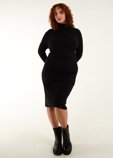 Blue Vanilla Black Curve Ribbed Roll Neck Midi Dress