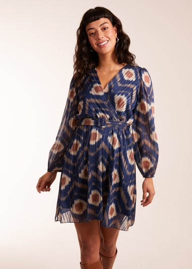 Blue Vanilla Navy Metallic Blurred Aztec Belted Dress