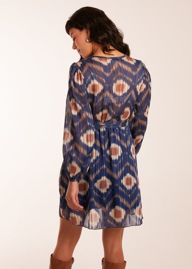 Blue Vanilla Navy Metallic Blurred Aztec Belted Dress