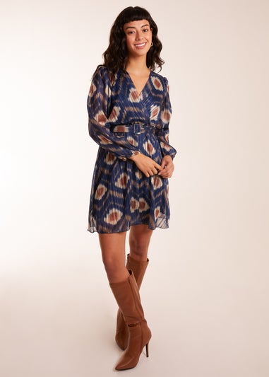 Blue Vanilla Navy Metallic Blurred Aztec Belted Dress