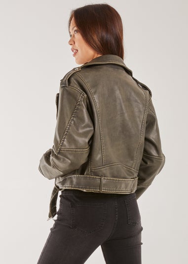 Pink Vanilla Olive Stone Washed PU Biker Jacket