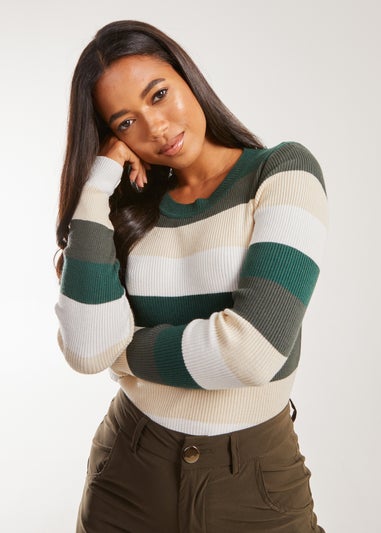 Pink Vanilla Khaki Striped Knitted Long Sleeve Jumper