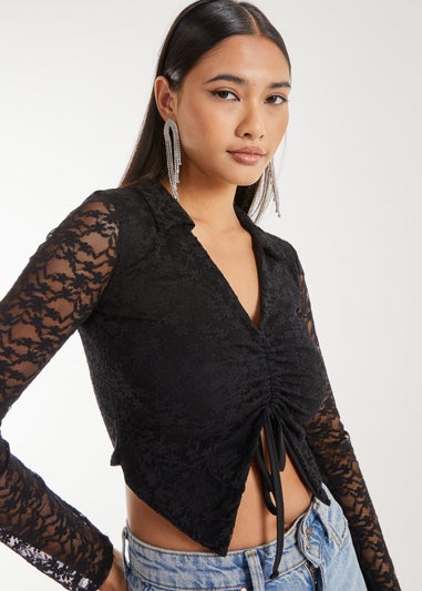 Pink Vanilla Black Lace Long Sleeve Tie Front Top