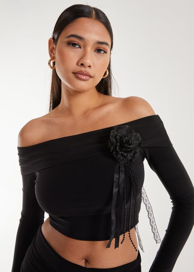 Pink Vanilla Black Corsage Detail Bardot Long Sleeve Top