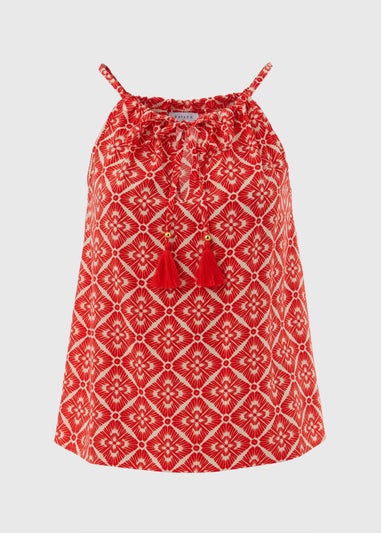 Red Tile Print High Apex Viscose Top