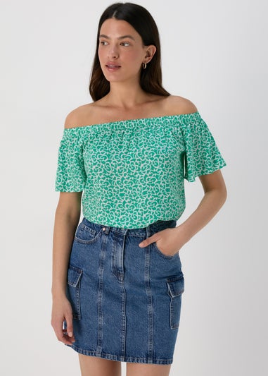 Turquoise Abstract Print Viscose Bardot Top