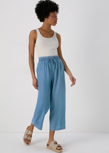 Light Wash Blue Paperbag Crop Leg Trousers