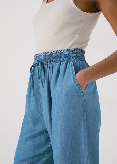 Light Wash Blue Paperbag Crop Leg Trousers