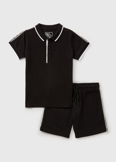 Boys Black Textured Polo Shirt & Shorts Set (7-12yrs)