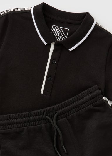 Boys Black Textured Polo Shirt & Shorts Set (7-12yrs)