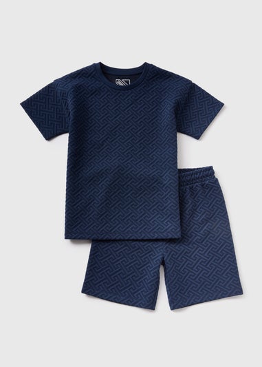 Boys Navy Jacquard T-Shirt & Shorts Set (7-12yrs)