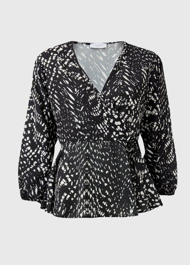 Black Mono Print Mock Wrap Top