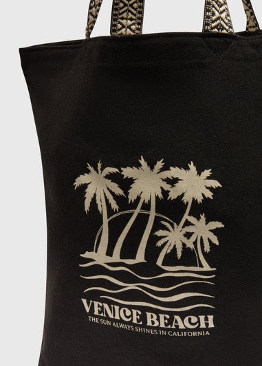 Black Printed Canvas Beach Bag