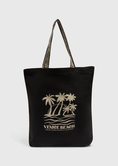 Black Printed Canvas Beach Bag