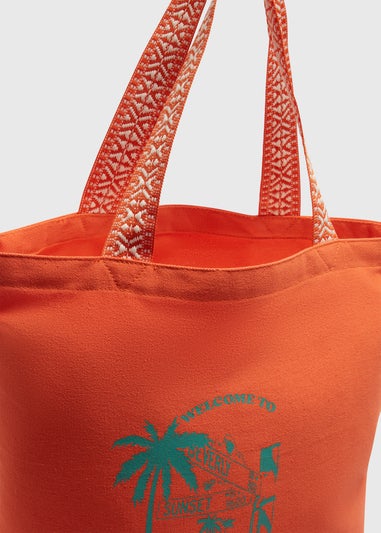 Orange Printed Canvas Beach Bag