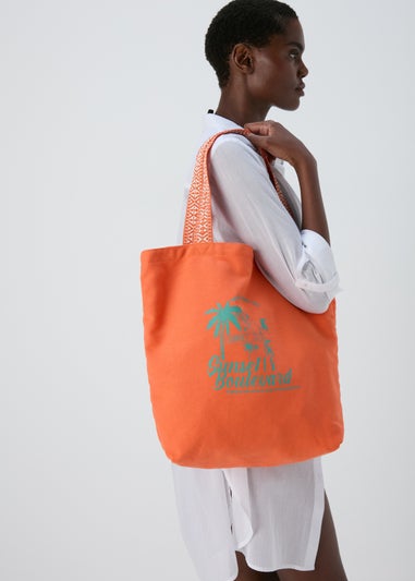 Orange Printed Canvas Beach Bag