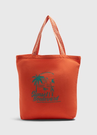 Orange Printed Canvas Beach Bag