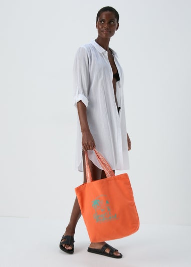 Orange Printed Canvas Beach Bag