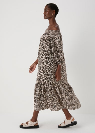 Brown Leopard Print Bardot Dress