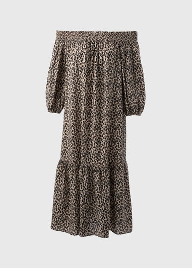 Brown Leopard Print Bardot Dress