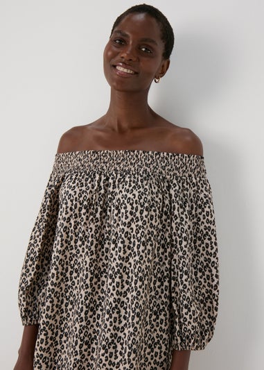 Brown Leopard Print Bardot Dress