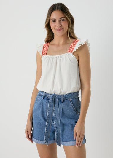 Cream & Coral Strap Embroidered Vest