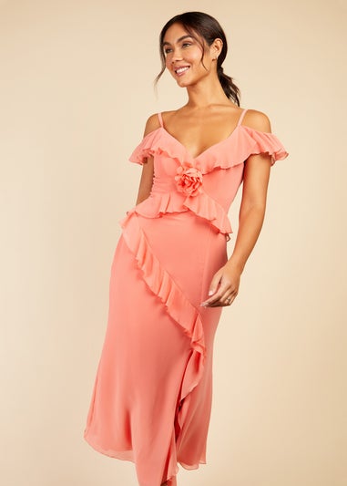 Little Mistress Coral Chiffon Rosette Trim Dress