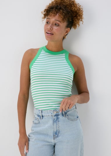 Green & White Stripe High Neck Ribbed Vest